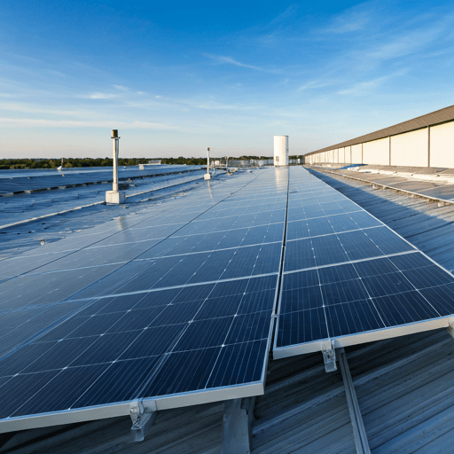 Solar panels on top of a large industrial factory roof