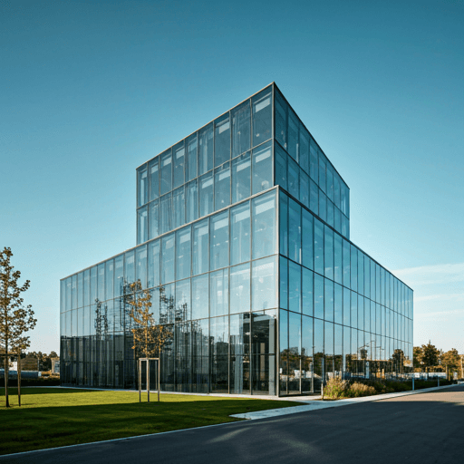 Glass office building with integrated solar components