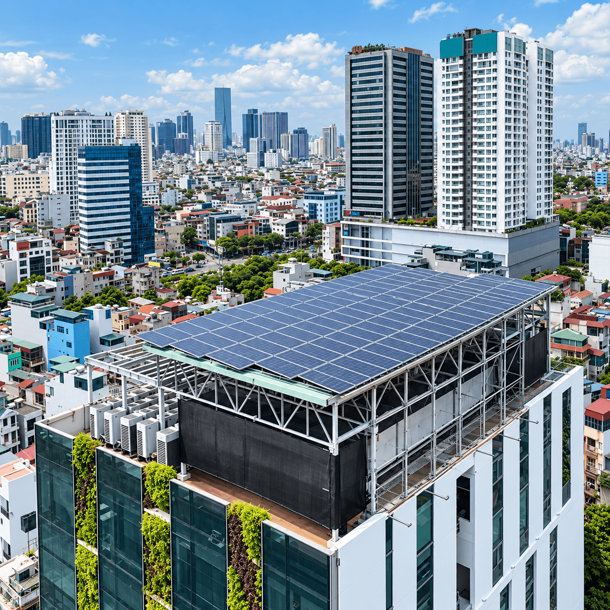 Glass office building with integrated solar components
