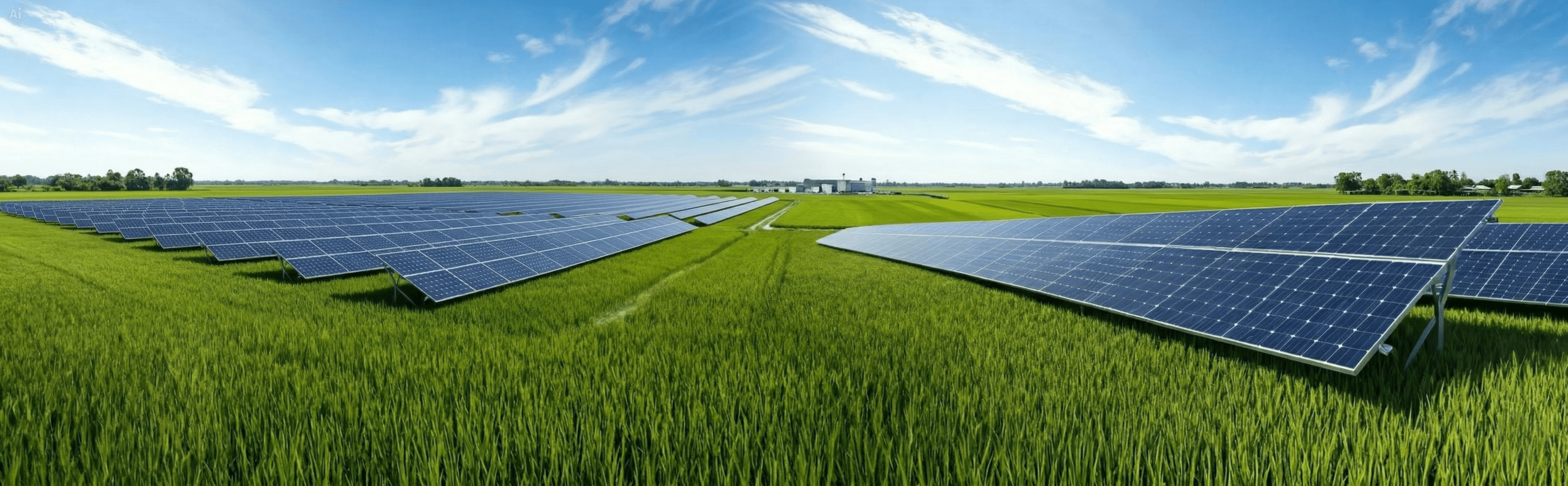 Cinematic wide shot of a large modern factory with rooftop solar panels
