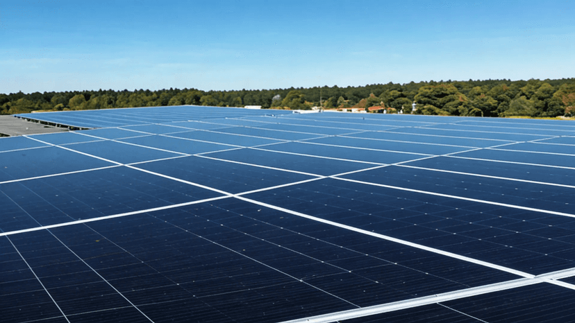 Large commercial solar panel array on flat roof