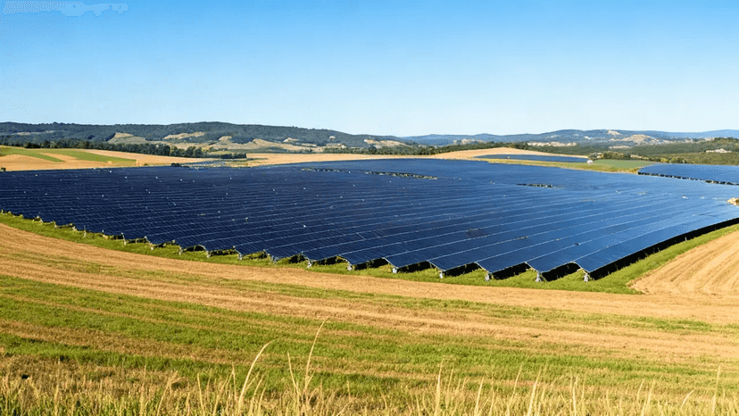 Solar farm in open field with rolling hills