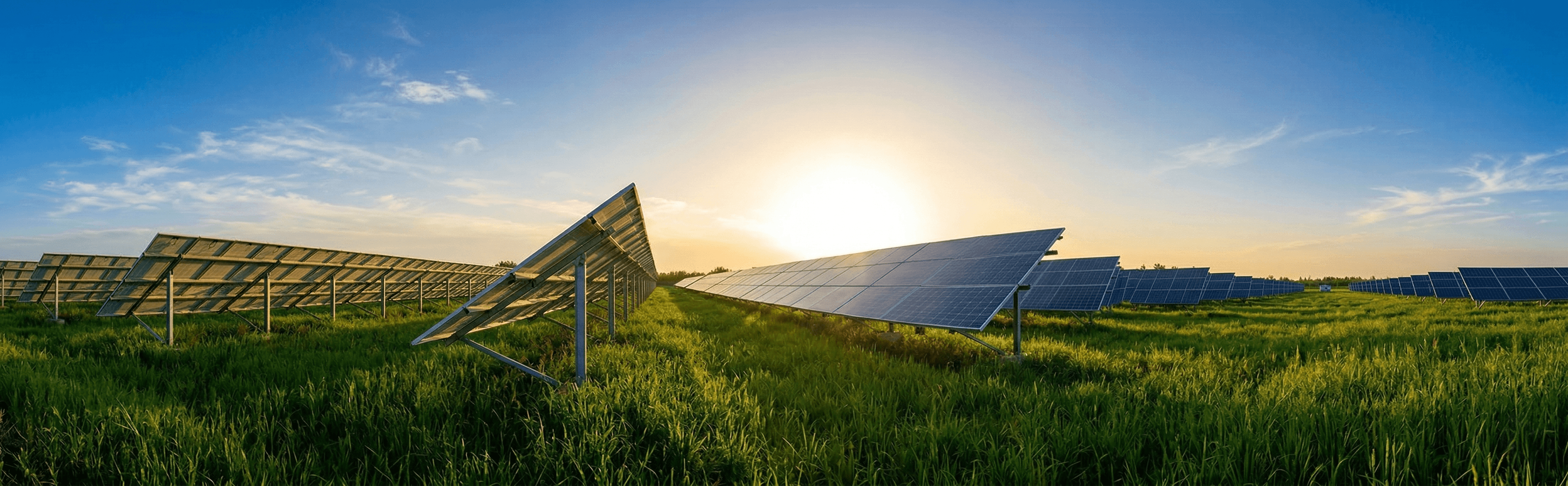 Modern solar panel array at sunset