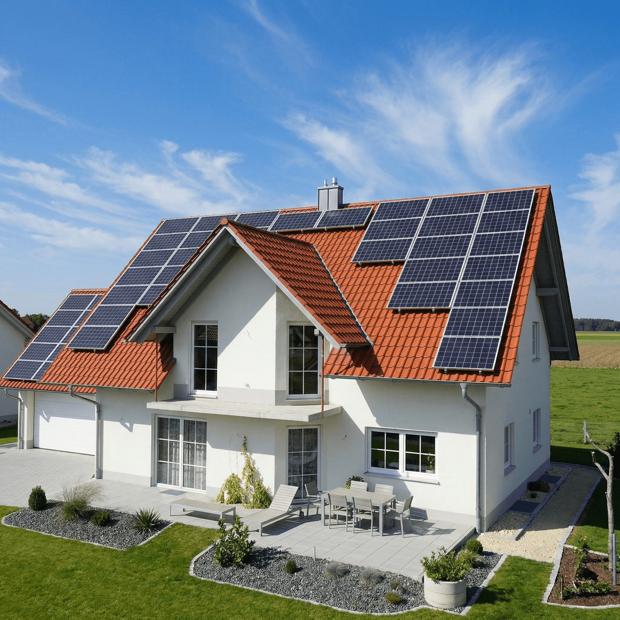 Happy family in front of solar home